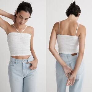 NWT Madewell Poplin Smocked Halter Crop Top L Large White